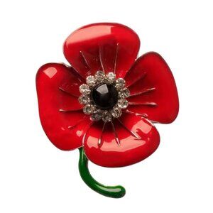 Red Enamel Poppy Flower Brooch with Crystals